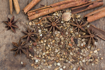 Spices lying on a wooden surface closeup