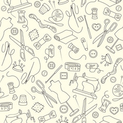 Seamless pattern on the theme of needlework and sewing , simple outline icons on a light background
