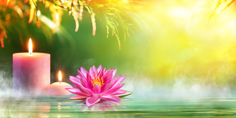 Fototapeta na wymiar Spa - Serenity And Meditation With Candles And Waterlily In Zen Garden 