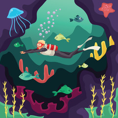 Scuba diver swimming under water, cartoon vector illustration. Underwater sport scuba snorkeling, aquatic adventure. Beautiful marine landscape, fish and corals