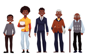 Obraz premium Set of black men of different ages from adolescence youth to maturity and old age, vector illustration isolated on white background. Various generations at African American man