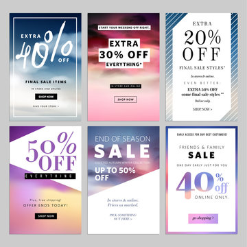 Set of sale banners vector illustration for websites and mobile websites. Product promotion, sale, clearance, online shopping for fashion, cosmetics.