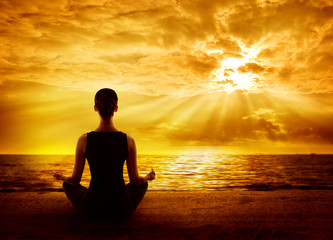 Yoga Meditating Sunrise, Woman Mindfulness Meditation on Beach