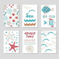 Set of cute cards templates for your design . Doodle sea vector illustrations, can be used for birthday cards, party invitations, posters. Marine theme. 