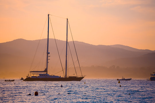 Yacht in mediterranian sea. Sunset evening.