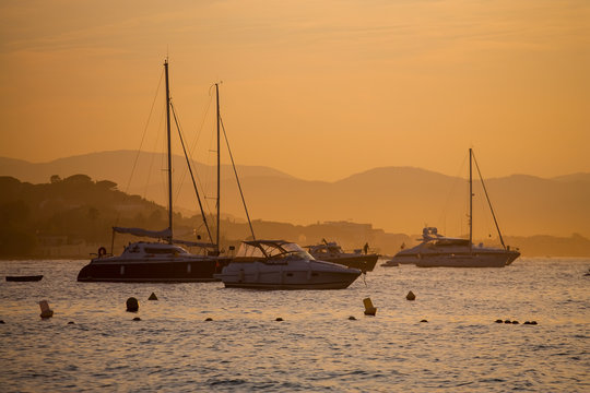 Yacht in mediterranian sea. Sunset evening.