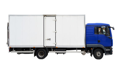 Blue and white cargo truck