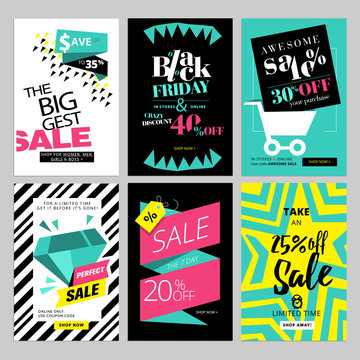 Set of eye catching web banners for shopping, sale, product promotion, clearance. Vector illustrations for social media banners, posters, email and newsletter designs, ads, promotional material.