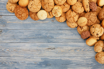 Cookies and biscuits at blue wood with copy space