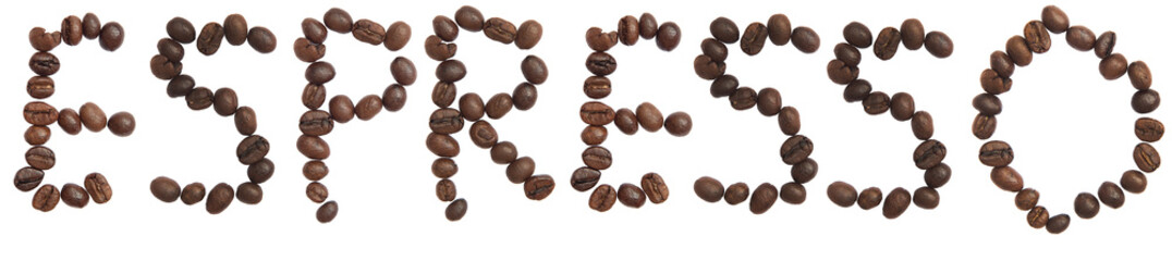 Isolated Word 'ESPRESSO' make from coffee bean on white backgrou