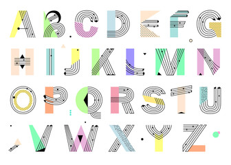 Creative geometric Alphabet. Postmodernist design typeface in Memphis style. Vector - 115462904