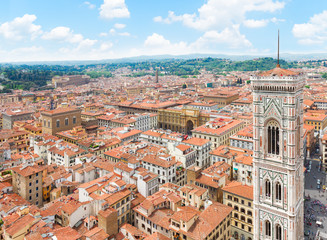 Obraz premium bell tower of cathedral church Santa Maria del Fiore and cityscape of Florence, Italy