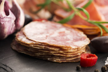 a pile of different spanish embutido, jamon, chorizo and lomo em