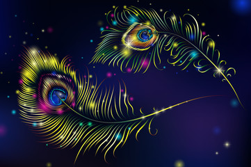 Beautiful vector peacock feathers on retro background with space for text.