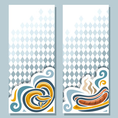 Vector vertical banner for Oktoberfest menu on background Bavarian pattern of white blue rhombus: pretzel and dish plate sausages on grill. Invitation ticket for oktoberfest party in Bayern Munich