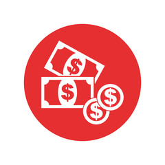 Money icon. Coins flat vector illustration on red background