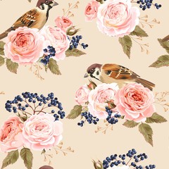Seamless roses and birds