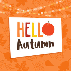 Hello autumn, fall background. Greeting card, invitation with maple, beech and oak leaves, apple and bokeh lights. Vector