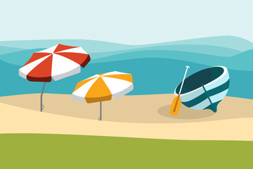 Summer beach with color umbrellas. Flat design.