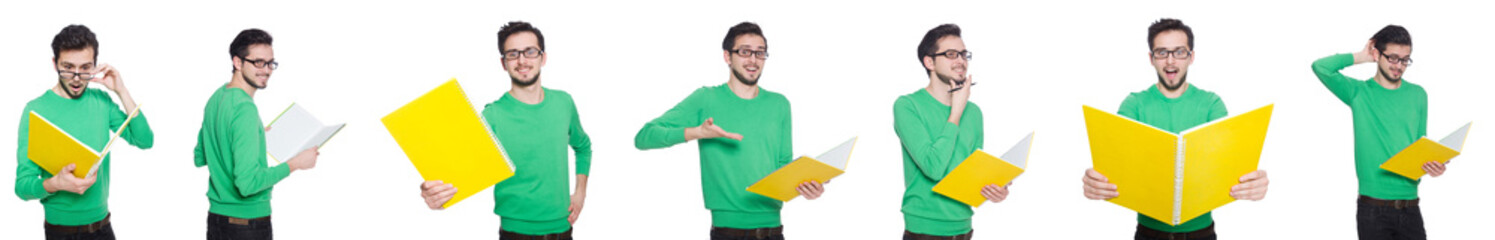 Collage of student with books on white