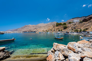 Naklejka premium Small fishing port at Chora Sfakion town on Crete island, Greece