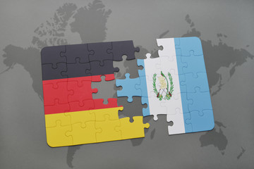 puzzle with the national flag of germany and guatemala on a world map background.