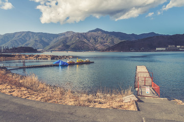 Fototapeta na wymiar view of kawakuchiko lake, Japan. (Vintage filter effect used)