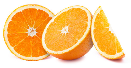 Perfectly retouched orange slices isolated on white background with clipping path