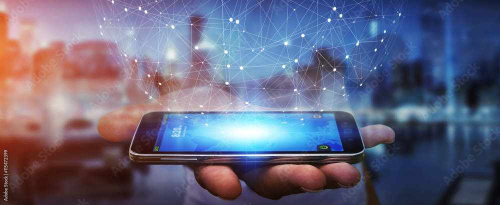 Aufkleber businessman using data network with his mobile phone