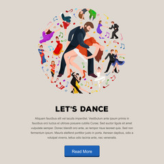 Couple dancing Kizomba in bright costumes. Vector illustration of partners dance bachata, happy peoples man and woman ballroom dancing poster, Bachata, roomba salsa latino dancer concept for poster