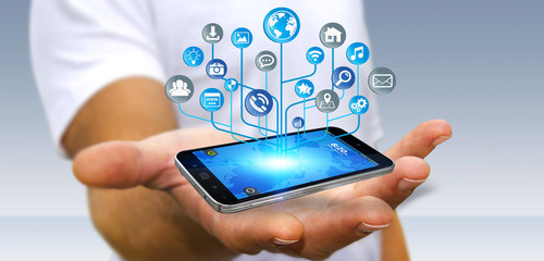 Businessman using modern digital electronic circuit with icons o