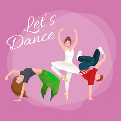 Vector illustration of couple dancing modern dance, Partners dance bachata, Dancing style design concept set, traditional dance flat icons isolated vector illustration, Man and woman ballroom dancing.