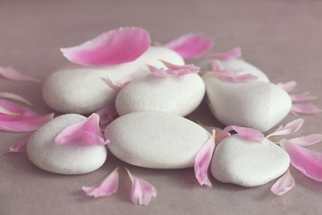 Spa stones with petals on grey background