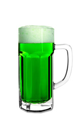 Glass of green beer with handle on white background