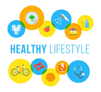 Healthy living flat vector banner. Healthcare and wellness lifestyle background. Regular exercises, daily physical activity, good food, sleep, hygiene, medical exam icons. Fitness infographic elements