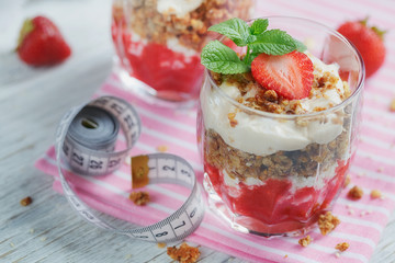 Dessert with fresh berries, cottage cheese, granola, berries jam
