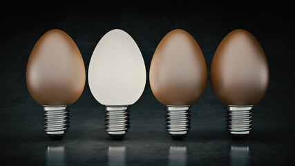 Funny and crazy egg looking like electric bulb. 3d Rendering