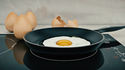 egg in pan. egg concept. 3d rendering