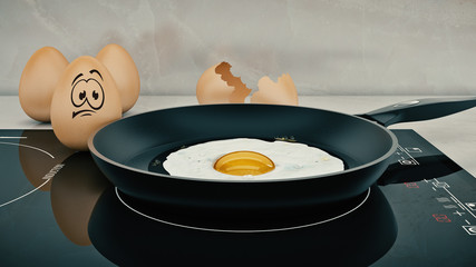 egg in pan. egg concept. 3d rendering