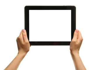 Female hands holding tablet isolated on white