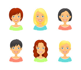 Women faces. Woman hair styles of different types and colors. Girl face avatar set
