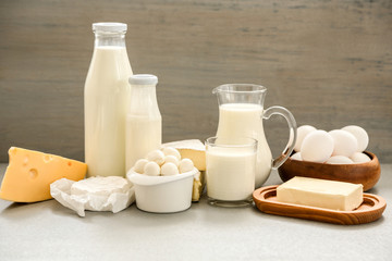 Dairy products on kitchen table