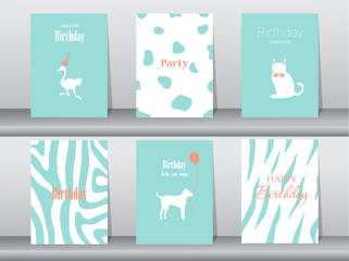 Set of birthday cards,poster,template,greeting cards,cake,bird,Vector illustrations