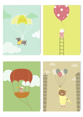 Set of cute animals in hot air balloons, kids design ,Vector illustrations