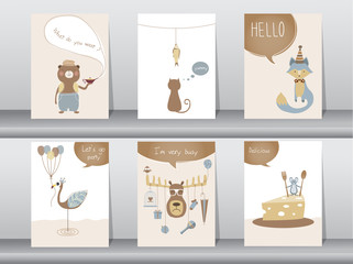 Set of cute animals poster,template,cards,bear,cat,wolf,bird,rat,deer,zoo,Vector illustrations 