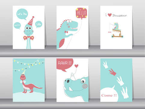 Set of cute cards,poster,template,greeting cards,animals,dinosaurs,Vector illustrations