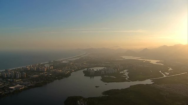 Flying above Bara da Tijuca at sunset, Rio De Janeiro, Brazil