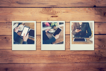 Fototapeta na wymiar Frame photos of woman using phone and tablet set in coffee shop