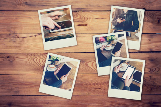 Frame photos of woman using phone and tablet set in coffee shop