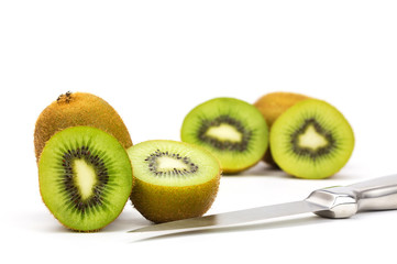 Close up kiwi fruits and slice kiwi fruits isolated on white background, Copy space